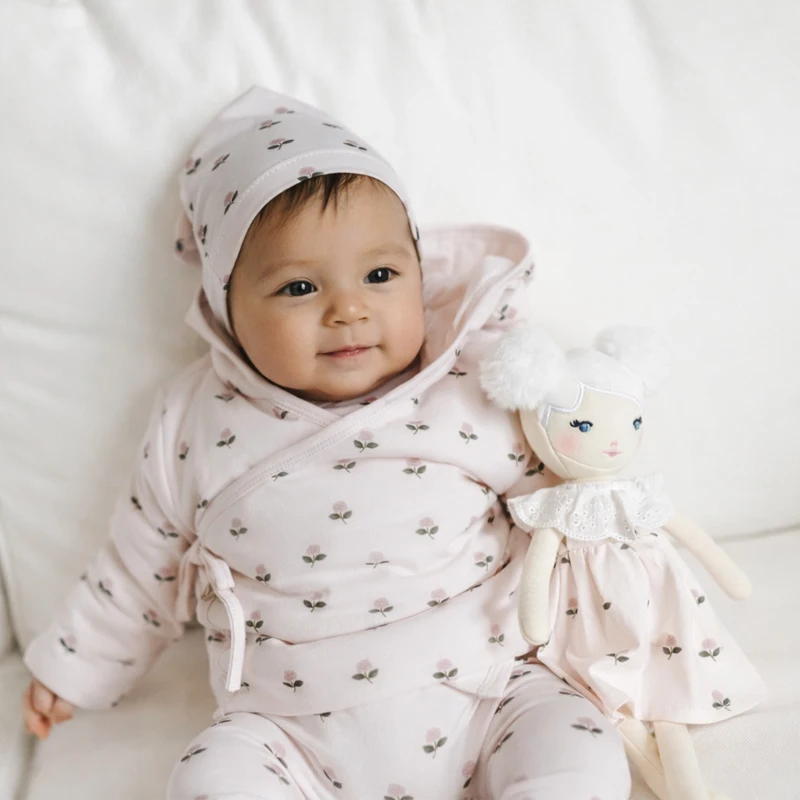 Ali Layette SS26 Printed Flowers Family Set Matches Coat Rompers Pink and Blue flowered blanket and Bib