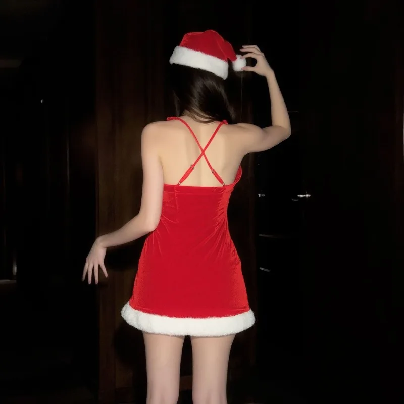 Disfraz de Cosplay de Navidad con tirantes, bola de terciopelo adornada, camisón calado, camisón Sexy de batalla de Año Nuevo