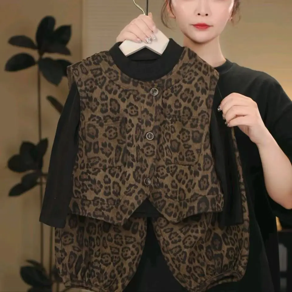 Girl Boy Two Piece Set Spring Autumn 2024 New Leopard Print Vest Long Pants Casual Simple Fashion Sweet Korean Active Vintage