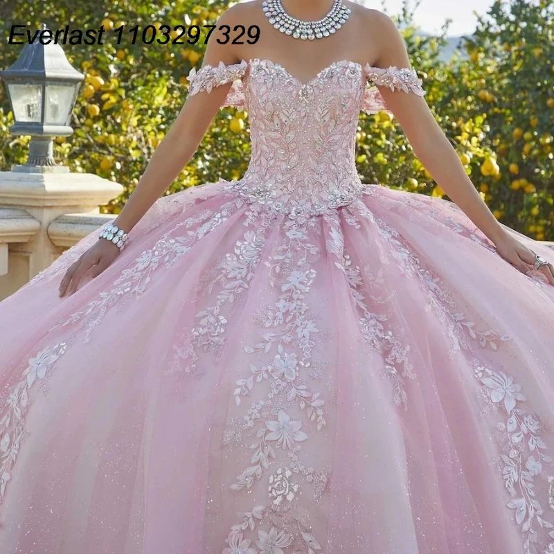 EVLAST-Vestido De quinceañera rosa brillante, Vestido De baile, apliques De encaje, cuentas De cristales, hombros descubiertos, dulce 16, 15 años, TQD402