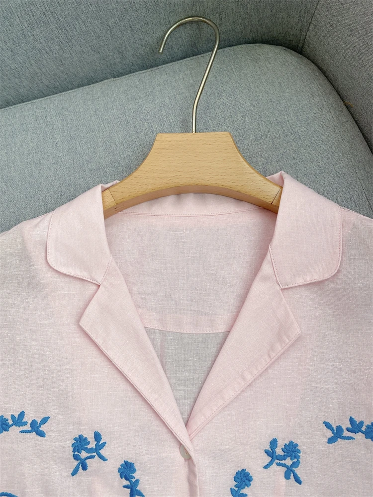 

Zoyoyued Luxury Pink Embroidered Casual Cotton Linen Blend irt with Wave orts Faionable Summer Outfit Set
