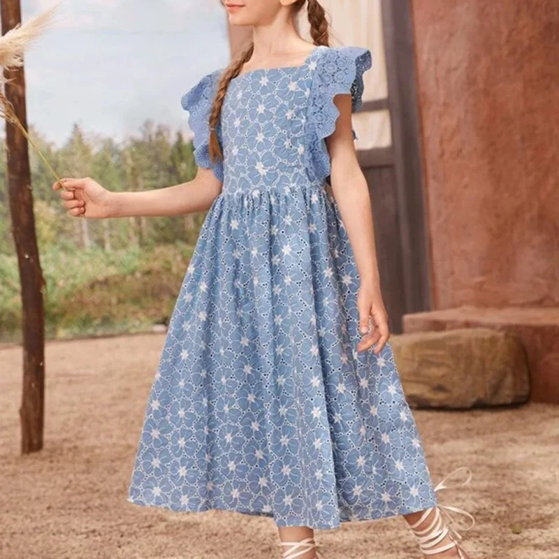 

Children's 2023 New Summer Girls' Dress Embroidered Bohemian Mid-Calf Dresses Square Collar Flying Sleeve Princess Costume 8 12T