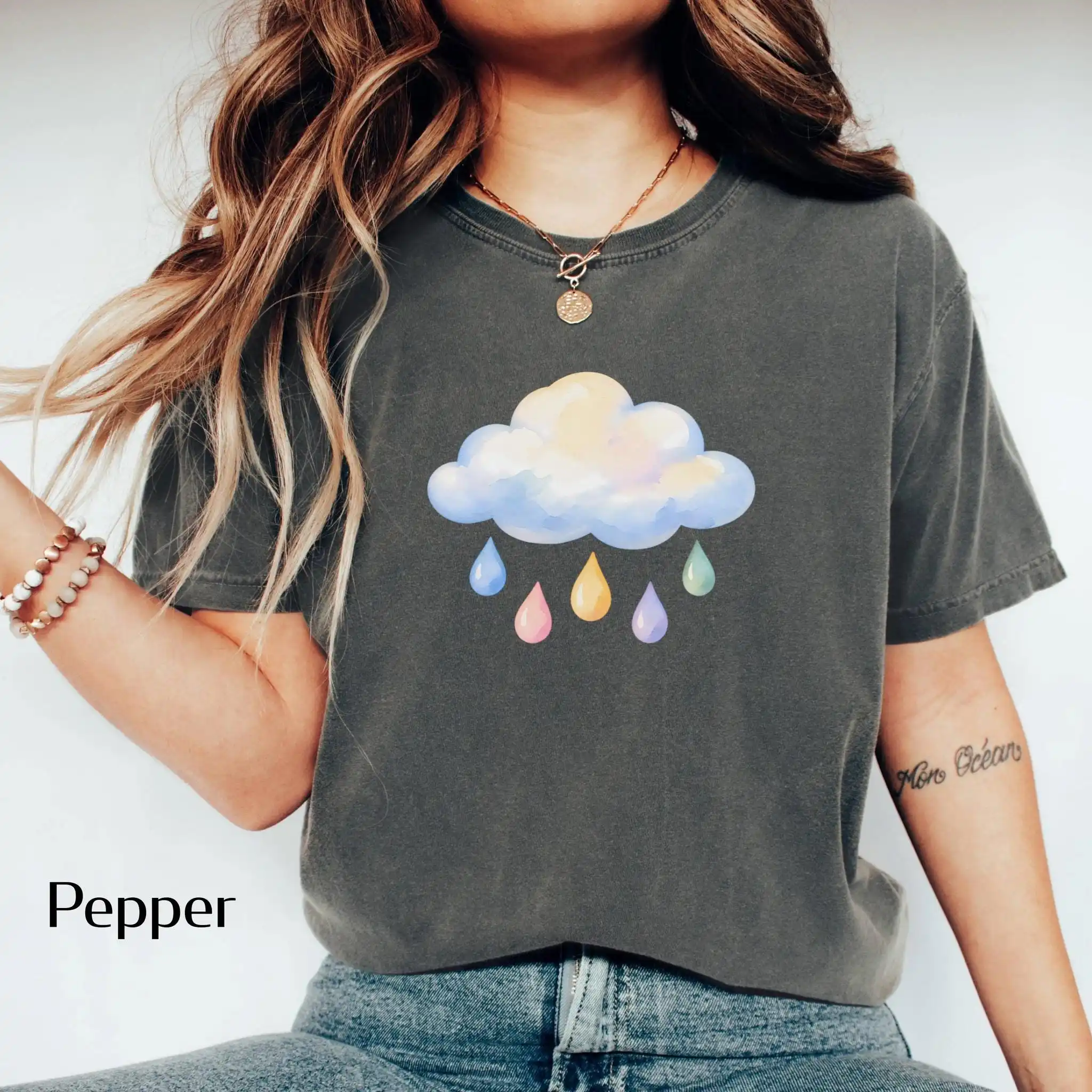 Watercolor Rain Cloud Shirt, Pastel Raindrop T-Shirt, Cute Weather Tee, Whimsical Cloud Shirt, Rainbow Rain Graphic Tee
