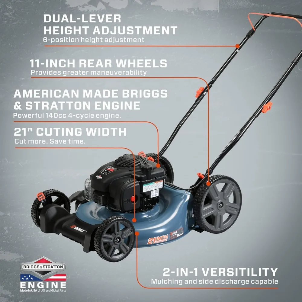 Cortador de grama a gás de 21 polegadas com motor Briggs & Stratton de 4 ciclos de 140 cc, mulching e descarga lateral