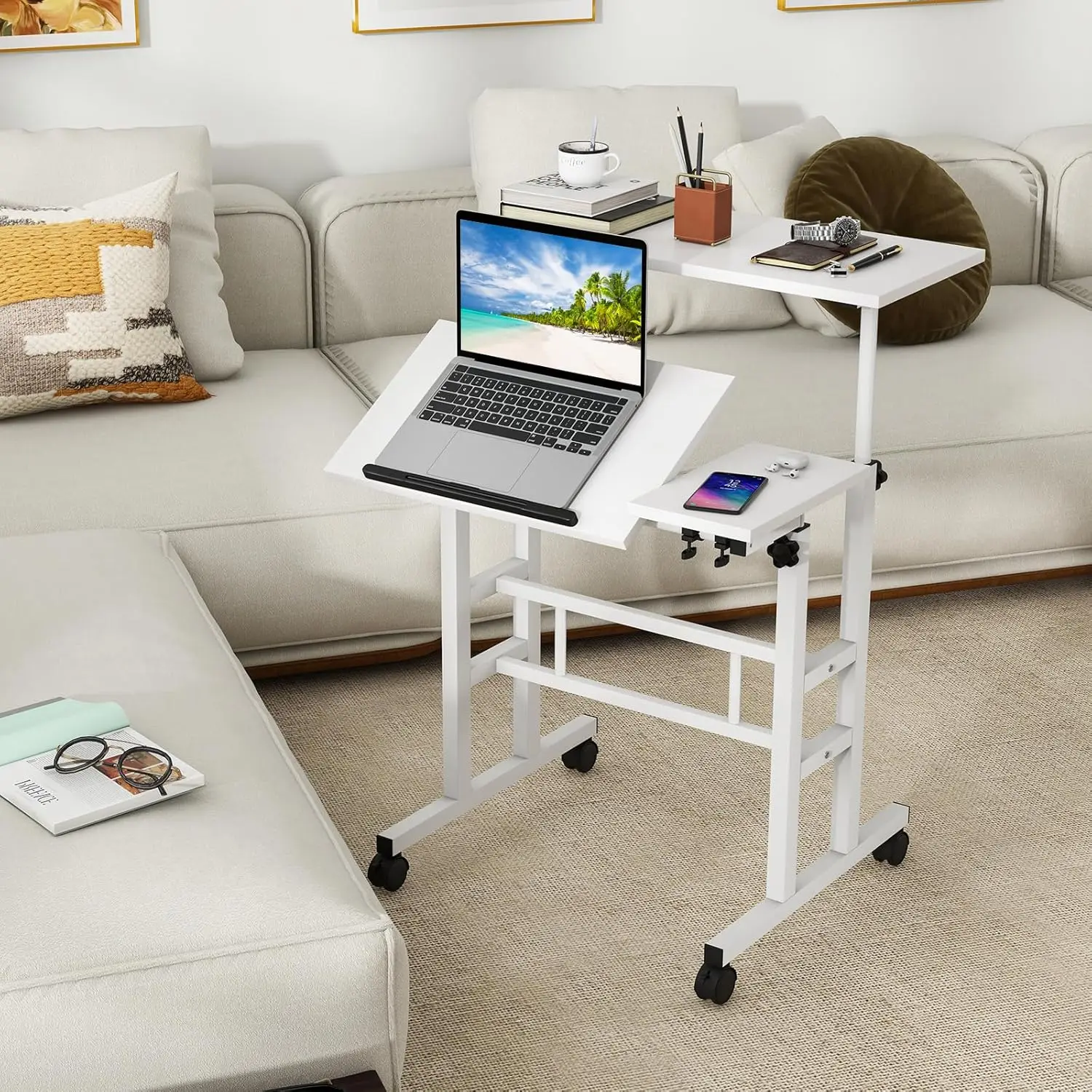 Tangkula Mobile Standing Desk Stand Up Desk, Height Adjustable Home Office Desk With Standing & Seating 2 Modes, Tilting