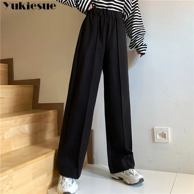 Nouveau automne hiver 2025 taille haute élastique élégant longue jambe large pantalon en laine nouveau pantalon coupe ample femmes mode élastique marée