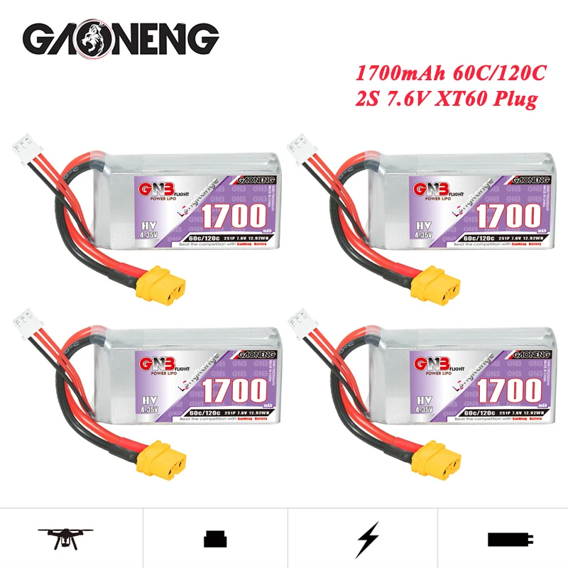 

4 шт. GNB 2S 7,6 В Lipo аккумулятор 1700 мАч 60C/120C с разъемом XT60 для дрона с дистанционным управлением FPV квадрокоптер вертолет самолет