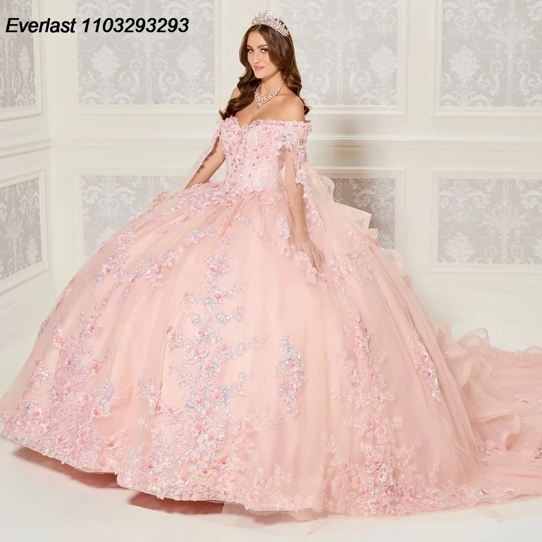 EVLAST Glitter Red Quinceanera Dress Ball Gown 3D Floral Applique perline con Cape Mexico Sweet 16 Vestido 15 De aecos TQD212