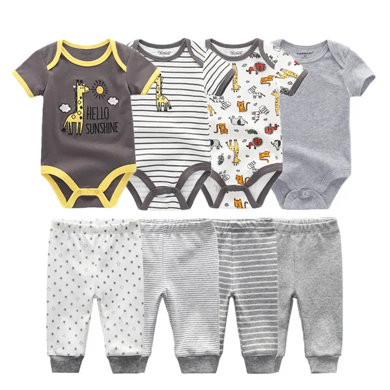 8 Pieces 0-1 Year Infant Boy Daily Clothes, Multi Bow Stripe Print Breathable Cotton Unisex Baby Onesie & Pants Outfit