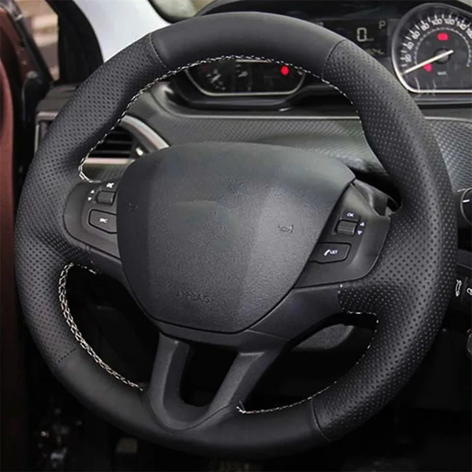 Car Products DIY Black Wearable Faux Leather Car Accessories Steering Wheel Cover For Peugeot 208 Peugeot 2008 Car Interior