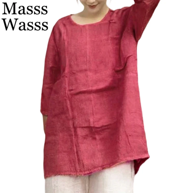 Masss Wasss 2026 Vintage Soild Linen Tops Females Korean  Design Fashion O Neck Tee Shirts Womens Summer Leisure Classic Clothes