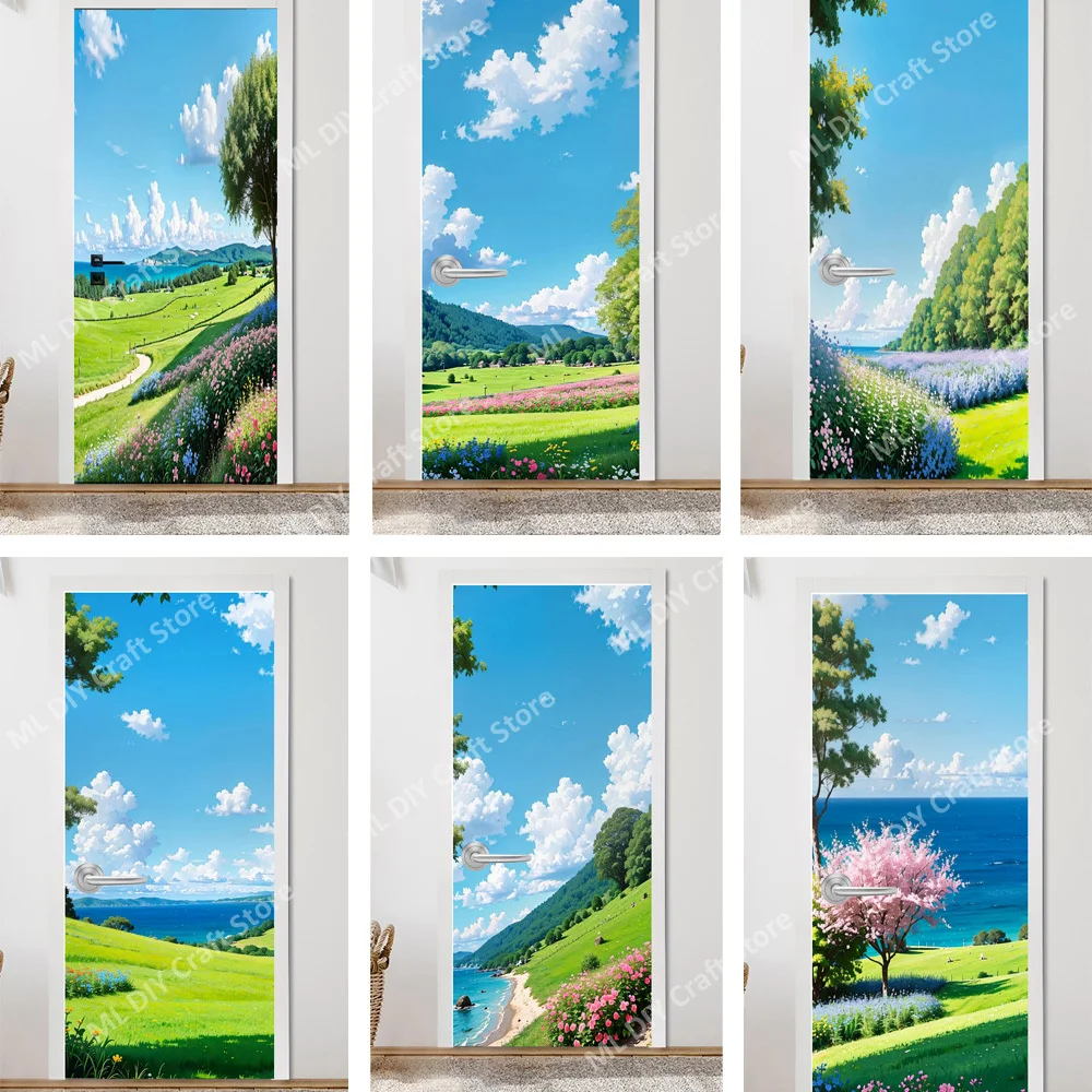 Pastoral Blue Sky White Clouds Mural Stickers Self Adhesive PVC Door Design Natural Landscape Poster Door Stickers Wallpaper