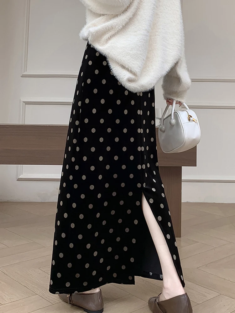 

Vintage Velvet Dot Long Skirt Women High Waist Elegant Back Slit Slim Skirts Fall Winter Female Retro Korean A Line Long Skirts