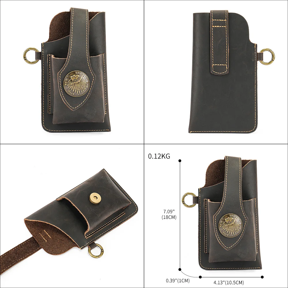 Cowhide Fanny Waist Pack Small Leather Belt Pouch Vintage Men Hip Sack Bum Mobile Phone Hasp Holster Case With Key Ring