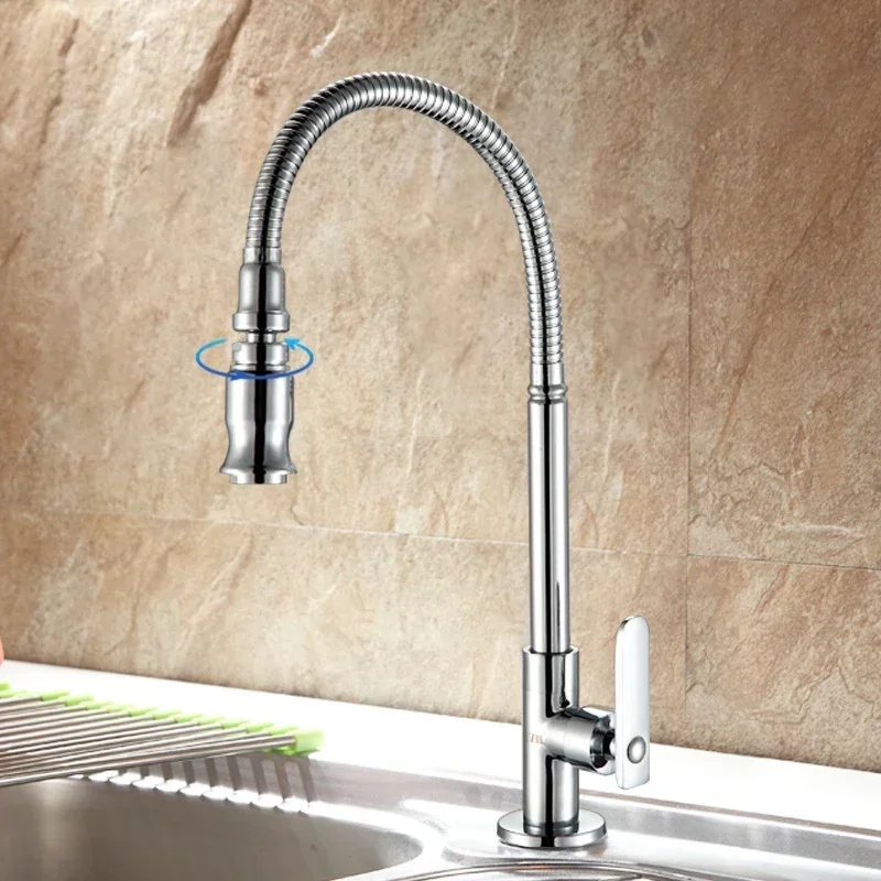 360° Swivel Kitchen Faucets Flexible Rotatable Single Handle Sink Tap Deck Mounted Chrome Household Single Cold Water Tap