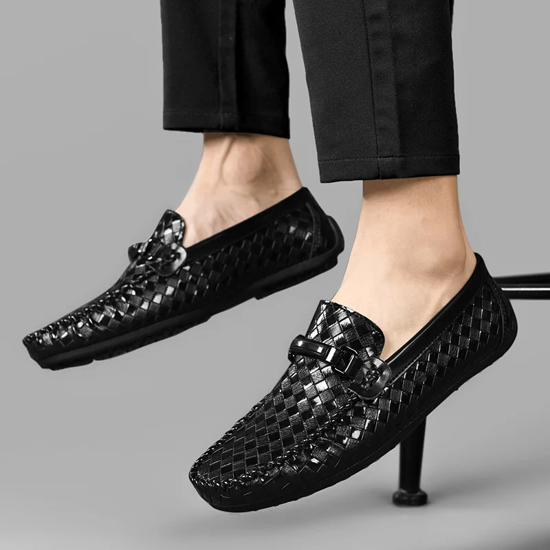 Leather Men Shoes Casual Flats Men Shoes Breathable Loafers Genuine Leather Slip Moccasins Comfortable Checkered embossing 2019