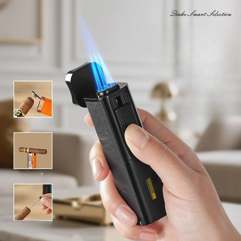 Genuine Leather Windproof 3 Jet Blue Flame Butane Gas Torch Lighter Visible Gas Window Cigar Diamond Cigar Special Lighters Gift - view 2