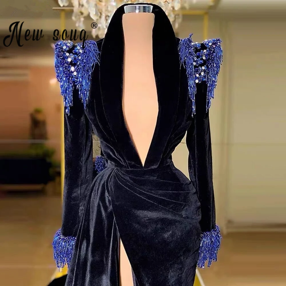 Arabisch Fluwelen Kralen Kwastje Prom Jurk Diepe V-hals Jas Stijl Avondjurken Voor Vrouwen 2022 Hoge Kant Split Pageant party Dress