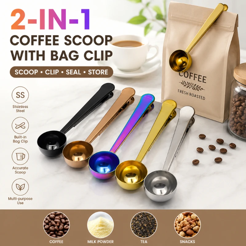 2-in-1 Stainless Steel Coffee Scoop with Sealing Clip 15ml 30ml Measuring Spoon Bag Clips for Coffee Tea Powder Kitchen Storage