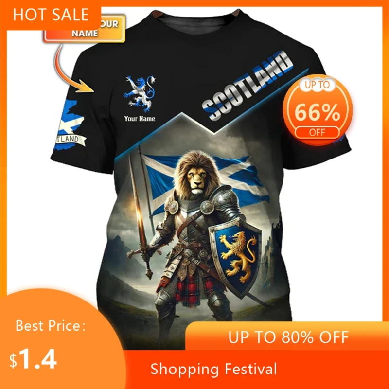 

Fashion Custom Name Men's T Shirts Funny 3D Scotland Lion Print Tees Casual O-neck Short Sleeve Loose Tops Summer Trend Clothing