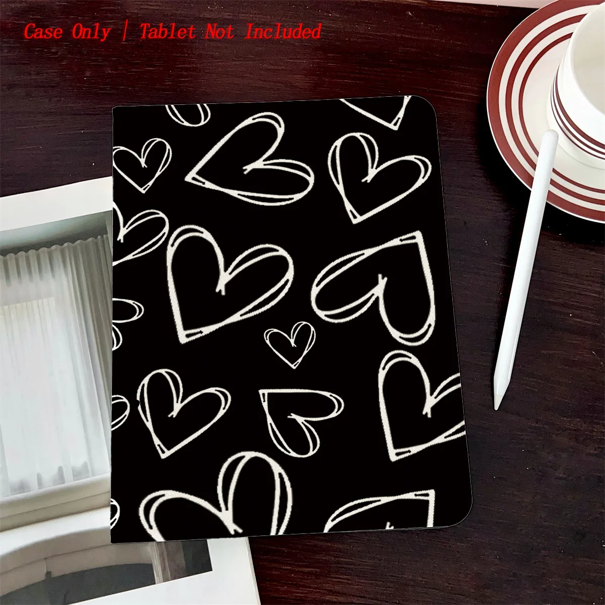 

Book Style iPad Case with Pen Slot & Black Heart Print, Auto Sleep/Wake, Simple Fresh Style for Pro/Air/Mini Series
