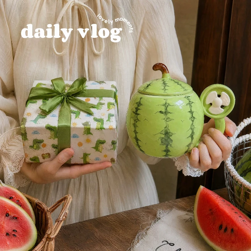 Bizarre Birthday Gifts, Cute Hand-painted Watermelon Fan Cup, Couple Ceramic Water Cup, Dining Table Decoration
