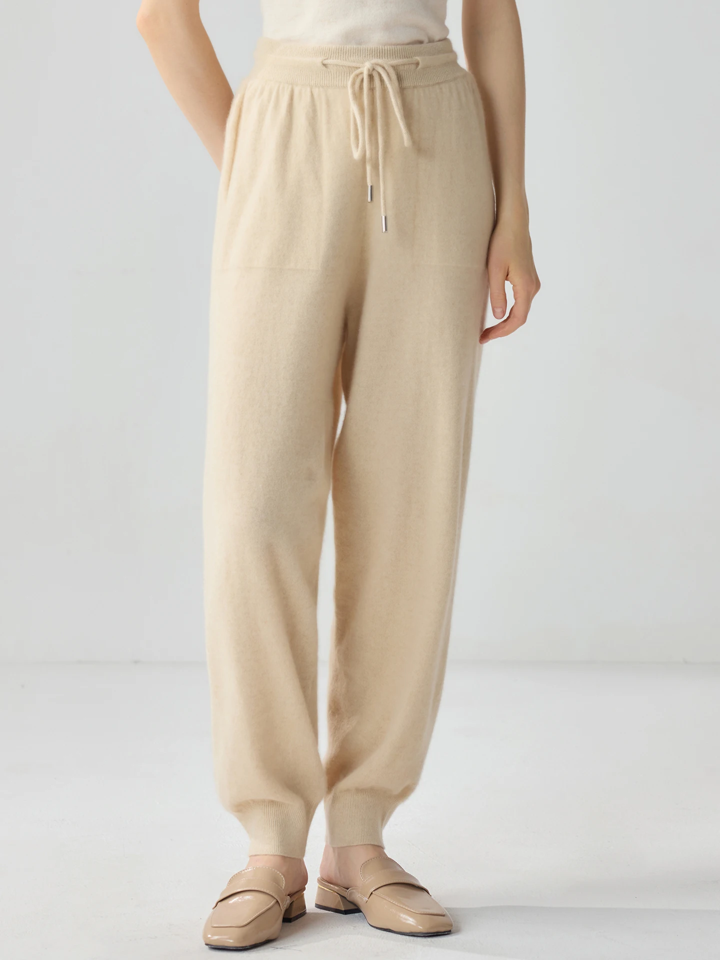 TLOML New Women's 100% Cashmere Knitted Bloomers Pants Autumn Winter Soft Warm Casual Solid Trousers Cashmere Drawstring Pants