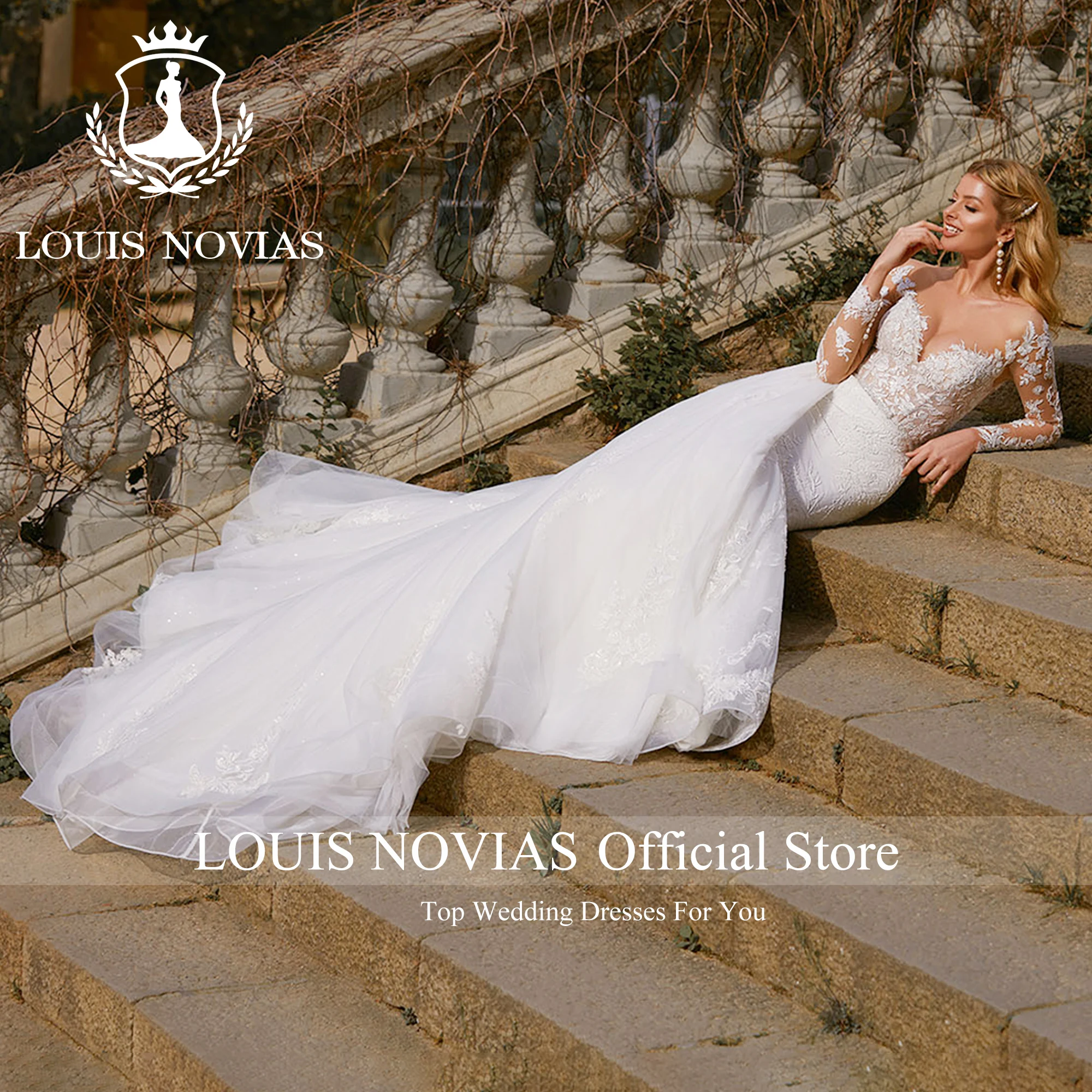 LOUIS NOVIAS Mermaid Wedding Dresses 2023 2 IN 1 V-neck Appliques Long Sleeve Illusion Backless Wedding Gown Vestidos De Novia