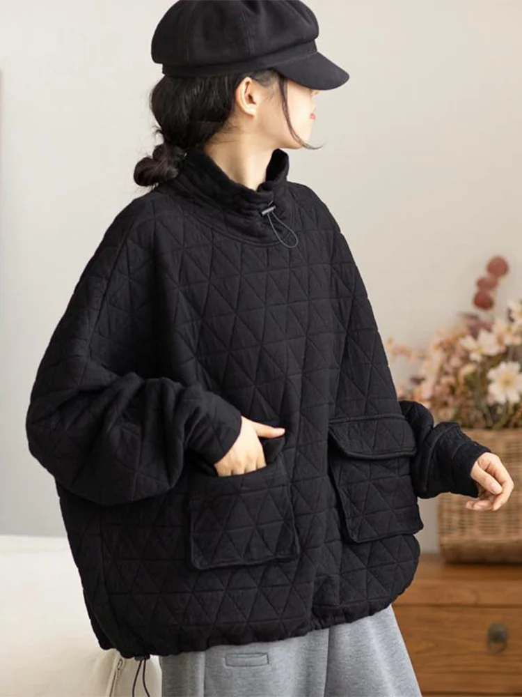Koreański Japoński Bluza z Kapturem z Bawełny Thiened Luźna Retro Diamentowa Bluza z Wysokim Kołnierzem Odzież Wierzchnia dla Kobiet