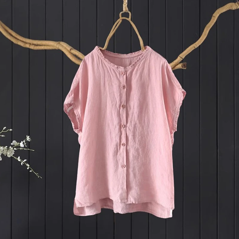 100% leinen Frauen Casual Shirts Neue Ankunft 2025 Sommer Vintage Stil Einfarbig Lose Weibliche Kurzarm Tops Shirts M1776