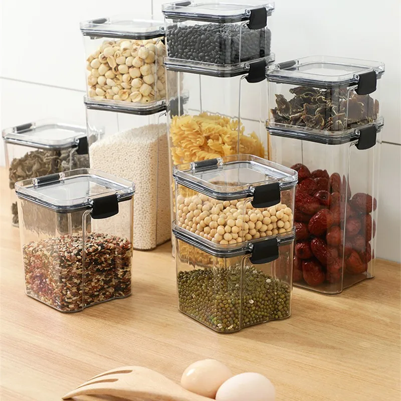 1Pcs Food Storage Box Plastic Clear Container Set With Pour Lids Kitchen Grids Dry Goods Storage Bottles Jars Dried Grains Tank