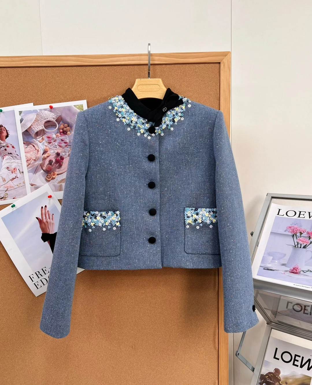 26 Autumn New Handmade Beaded Flower Plaid Jacket - Round Neck + Single Row Black Button Short Sleeve Coat