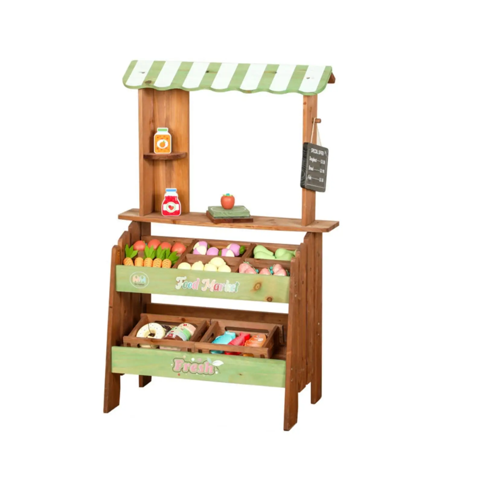 Wooden Market Stand Striped Canopy Children's Market Stand Green Accents Grocery Store Playset
