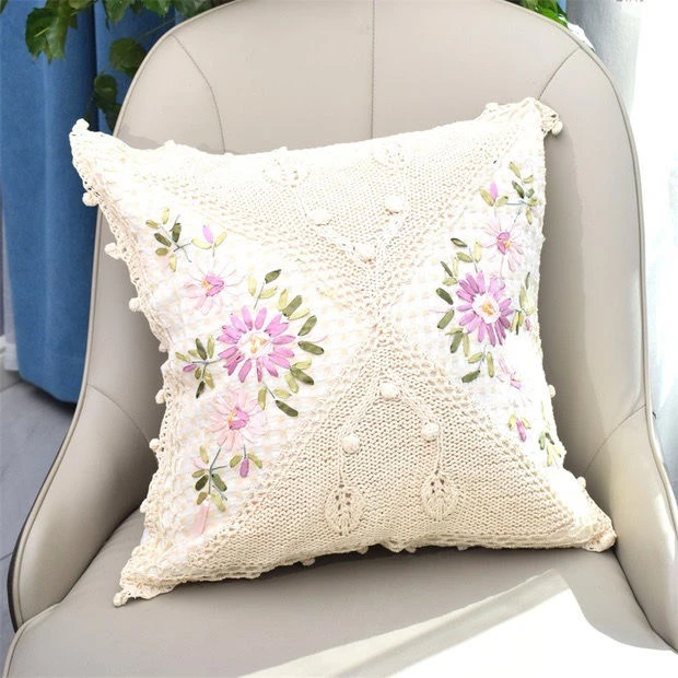 New Fashion Pure Cotton Linen Ribbon Embroidered Pillow Waist Pillow Cushion Cushion Cover Boutique Simple Style Pillow Cover AliExpress