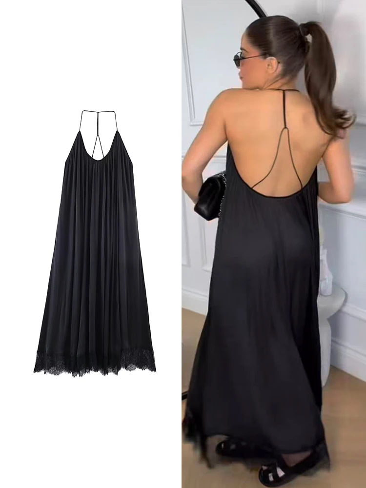 Damen-Maxikleid mit Neckholder, einfarbig, ärmellos, elegant, rückenfrei, langes Kleid, schicker Urlaubsstil, lockere Passform, Sommerkleidung für Damen