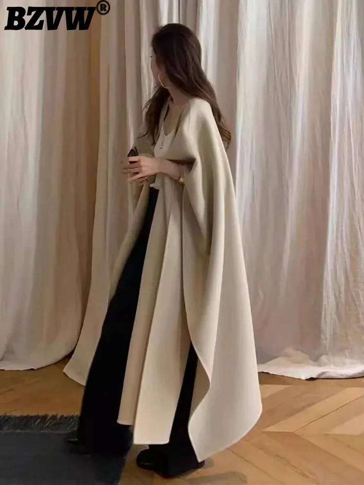 BZVW Fashion Cloak Woolen Coat Women's 2024 Autumn New Solid Color Long Minimalism Irregular Coats Temperament Female 25Z1028