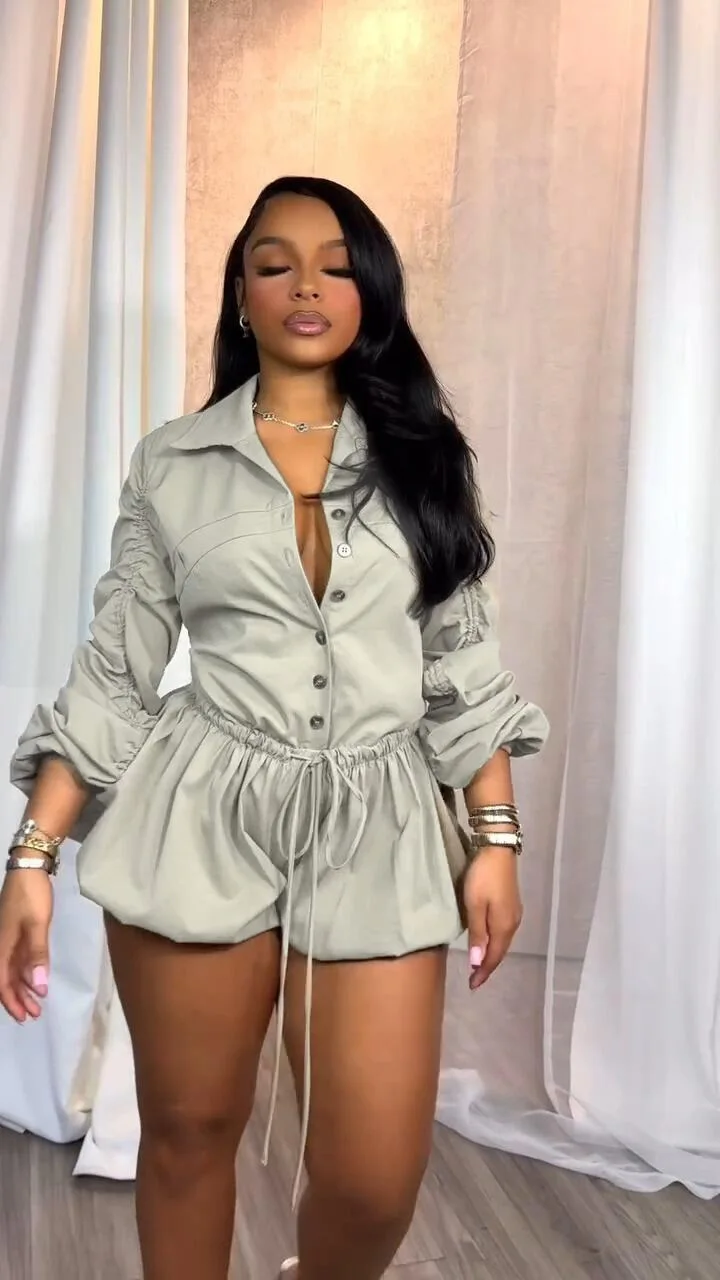 FAGADOER Elegant Ruched Drawstring Patchwork Rompers Woman Solid Color Lantern Sleeve Bodycon Jumpsuits Female Overalls Fall