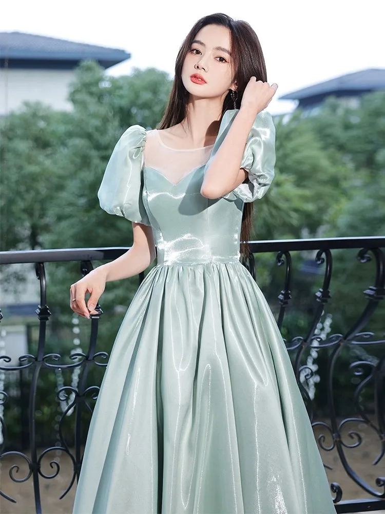 Mint Classic Satin Evening Dress Elegant Square Neck Puff Sleeve Lace Up Prom Vesido A-Line Simple Formal Banquet Long Dresses