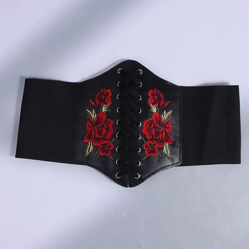 Ceinture corset gothique pour femme, Cummerbunds brodés de fleurs en PU, ceinture amincissante pour femme, ceinture large noire vintage pour fille, mode