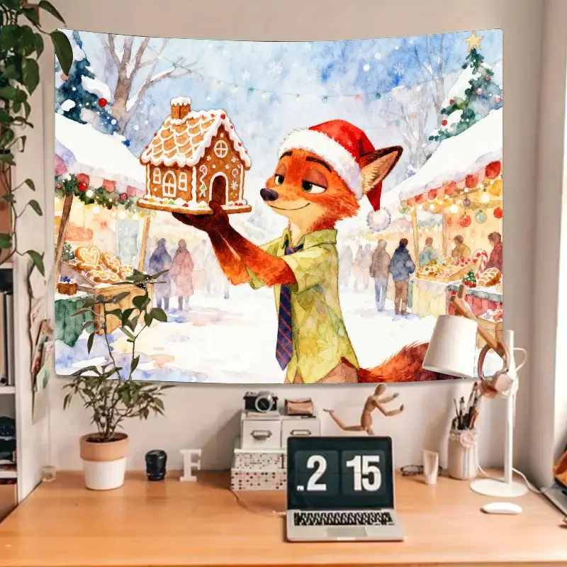 1PC ニック・ワイルド ズートピア クリスマスタペストリー、サンタ帽子をかぶったキツネがジンジャーブレッドハウスを抱いている、クリスマスホリデーマーケットウォールアートデコレーション