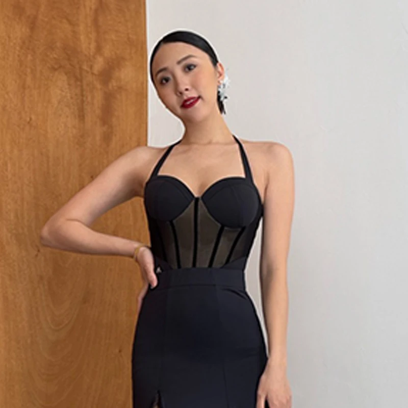 الرسن الرقبة اللاتينية قاعة الرقص القمم النساء رومبا السامبا الرقص ممارسة الملابس الكبار أبيض أسود شبكة الربط ارتداءها BL15236