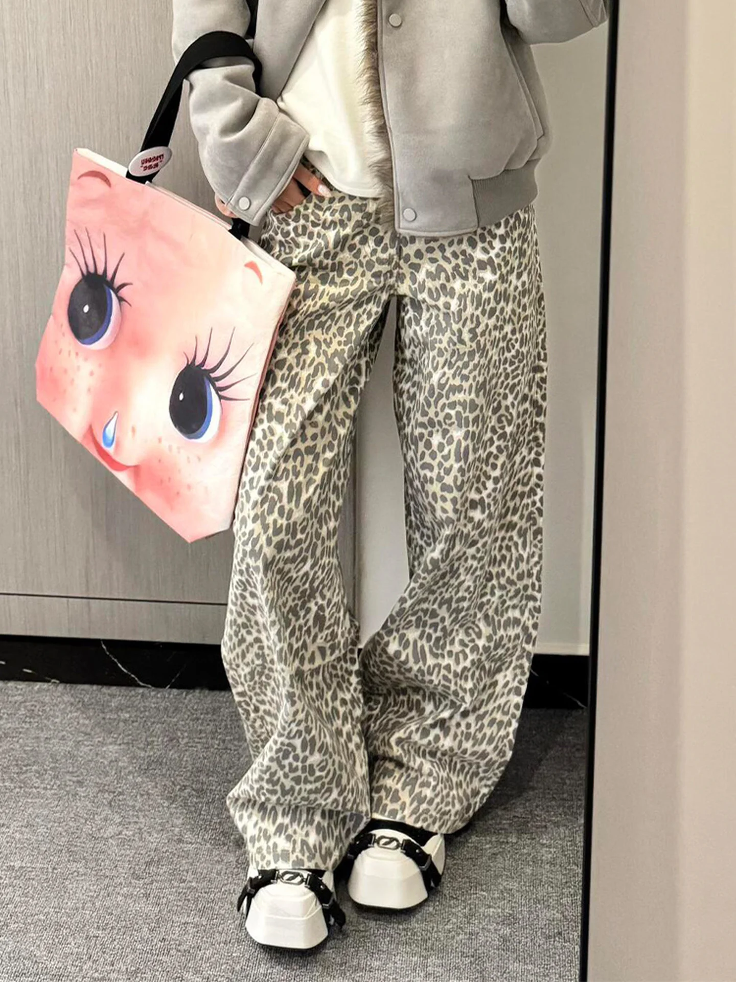 กางเกงยีนส์ขากว้างเอวสูงลายเสือดาวสไตล์อเมริกัน ไซส์พลัส สำหรับผู้หญิง ฤดูใบไม้ร่วง ฤดูหนาว รุ่นใหม่ ไซส์เล็ก ไม่ใช่เลกกิ้ง สำหรับสาวอวบ MM