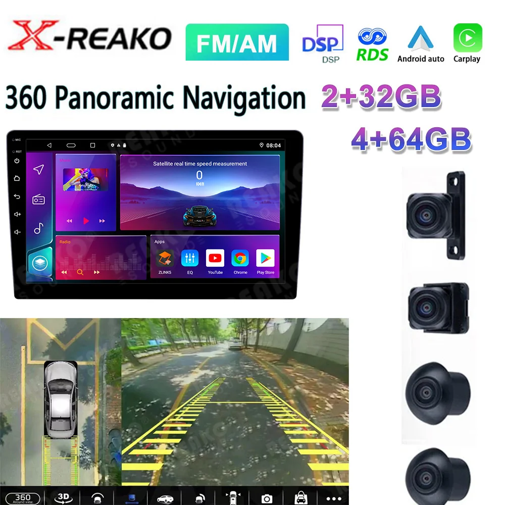 

X-REAKO Multimedia 2 Din Android Universal Wireless Carplay Screen Android Auto 360 Bird View Panorama GPS BT Wifi 9inch Stereo