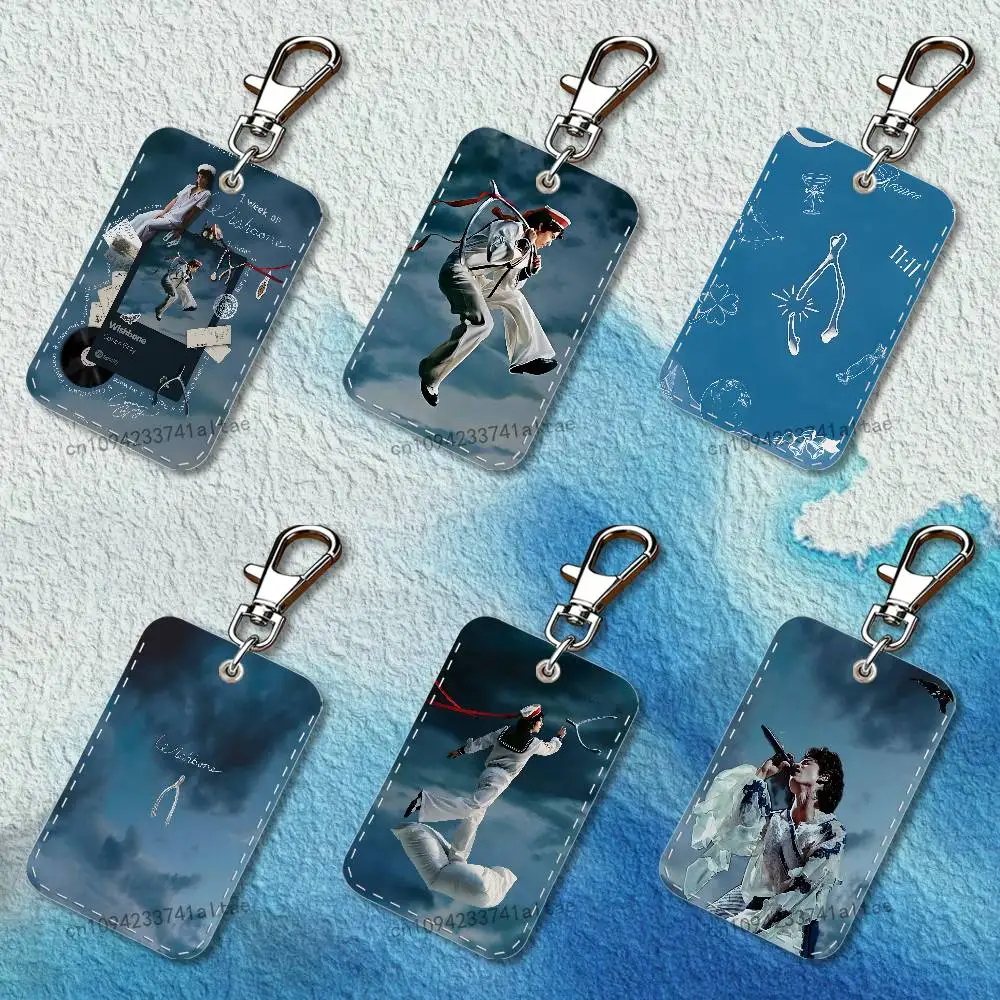 

C-Conans Gray Wishbones Rectangle Card Case Keychain Access Card Bag Key Tag Ring Leather Card Holder Key Ring Access