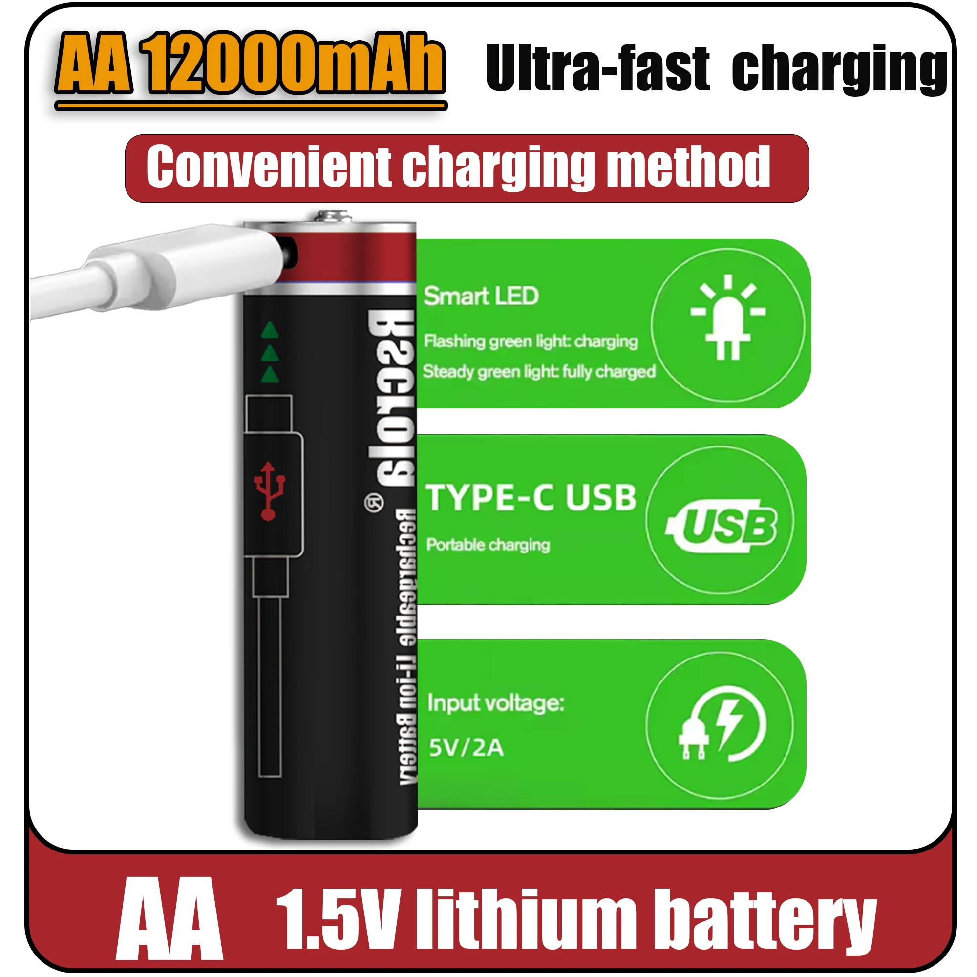 🔥Hot Rechargeable Battery Lithium-ion 1.5V AA12000mAh Rechargeable Battery 1.5V AAA6800mAh Battery with USB-C Cables