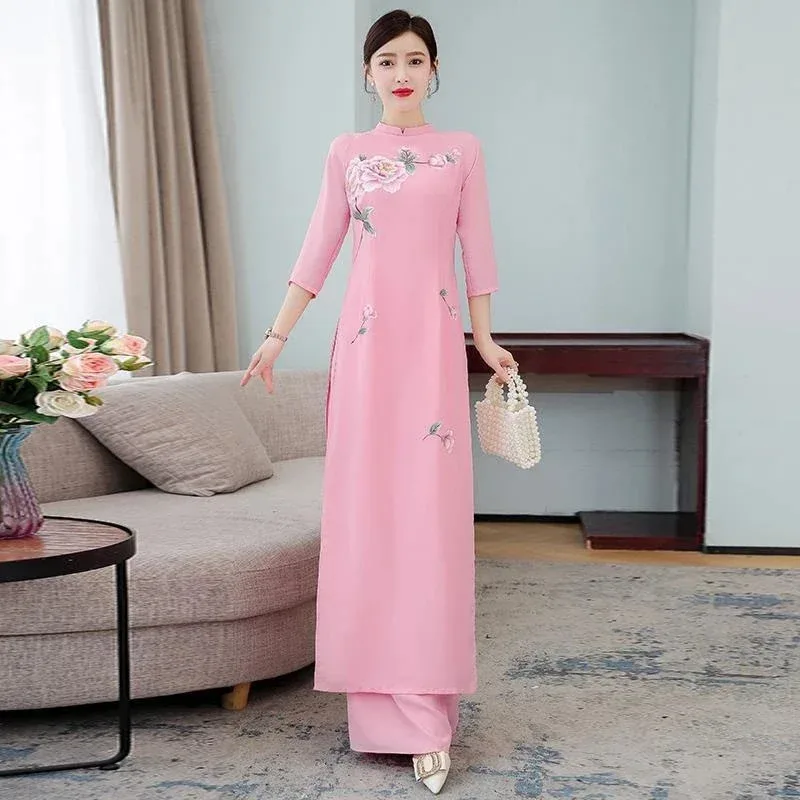 세트 두 컷 중국 스타일 여성 의류 어퍼 롱 핑크 화이트 램핑 캐주얼 Ancient My Day Ao Dai Vietnam Printed