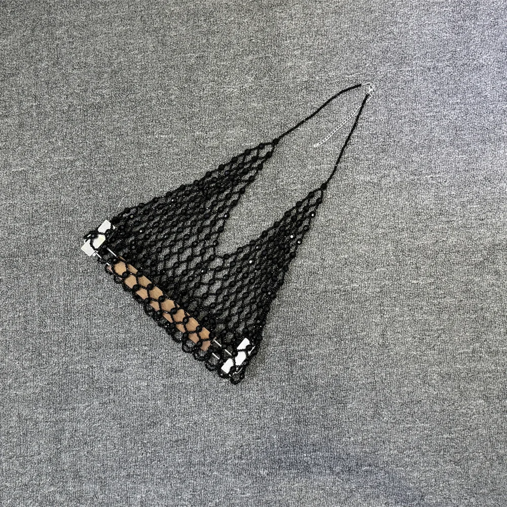 

Women Handmade Tank Top Beaded Hollow Out Cami Crop Top Halterneck Backless Diamond Club Bra Swim Beachwear