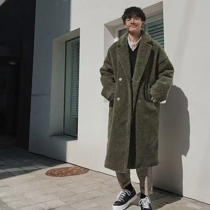 

Men's Lazy Syle Windbreaker Korean Autumn Winter Thicken Granular Velvet Overcoat Casual Fashion New Year Long Coat Male Large