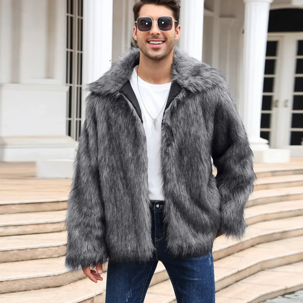 Men Faux Fox Fur Jacket Coat Winter Thick Fluffy Long Sleeve Lapel Warm Shaggy Outerwear Luxury Fur Jacket Bontjas Jackets Mens