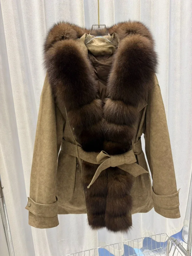 Women's Winter Down Jacket with Real Fur Collar Hooded Belted Women's Fur Coat Warm Outerwear Cold Protection for Daily Wear